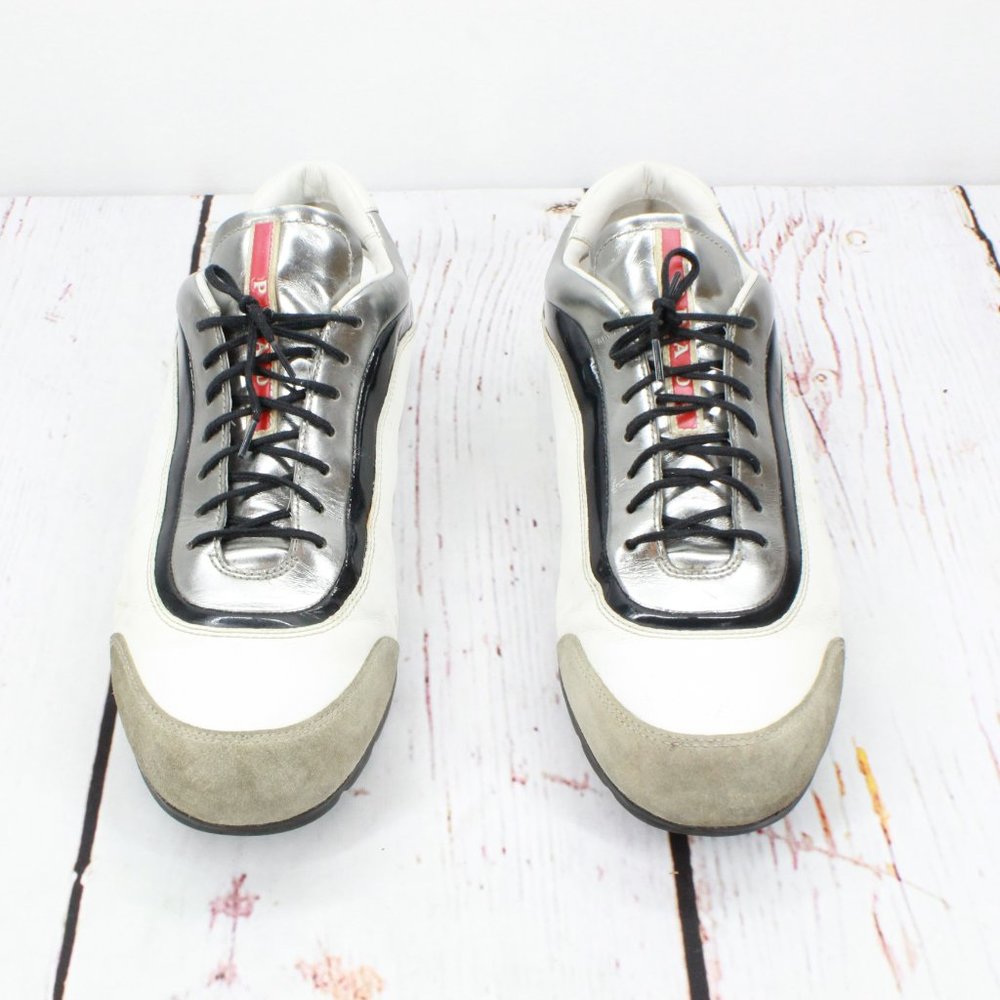 Prada White Leather Lace Up Low Top Casual Sneakers Shoes Size 8 - Picture 5 of 9
